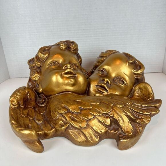Antique 3D Cherub Angels Plaster Chippy Gold Baroque Heavy Vintage Wall Art - Picture 2 of 8